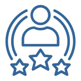 Icon of a person above three stars and surrounded by two arcs, representing a rating or review system.