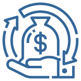 A hand holding a money bag with a dollar sign, surrounded by circular arrows, symbolizing financial transactions or economic exchange.