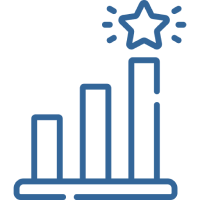 A blue line graph icon with three ascending bars and a star above the highest bar, indicating success or achievement.
