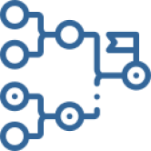 Blue circuit-like diagram with interconnected nodes and lines forming an abstract, branching structure on a transparent background.