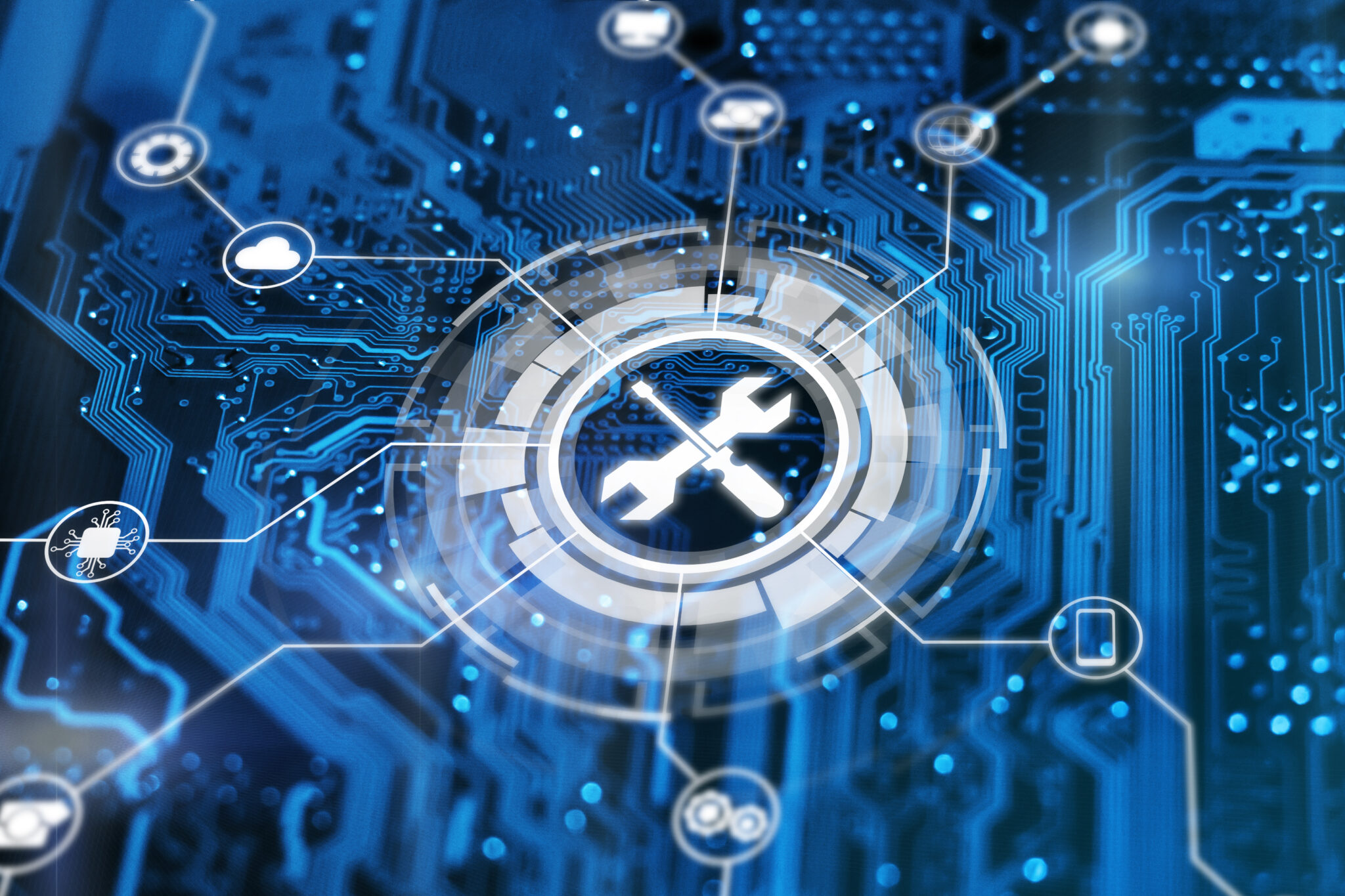 Technical support concept. Maintenance sign wrench and srewdriver tools. Tech issues fix service. Technical support concept. Maintenance sign wrench and srewdriver tools. Tech issues fix service.