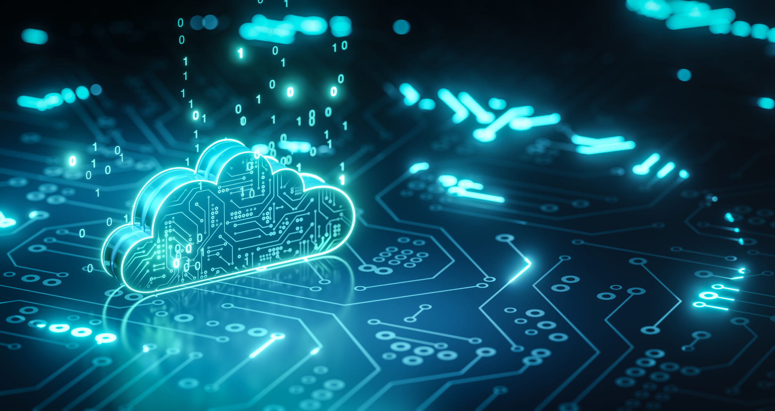3d render cloud computing circuit board background Cloud Computing concept background, on circuit board , glowing light sweep, data code on cloud.