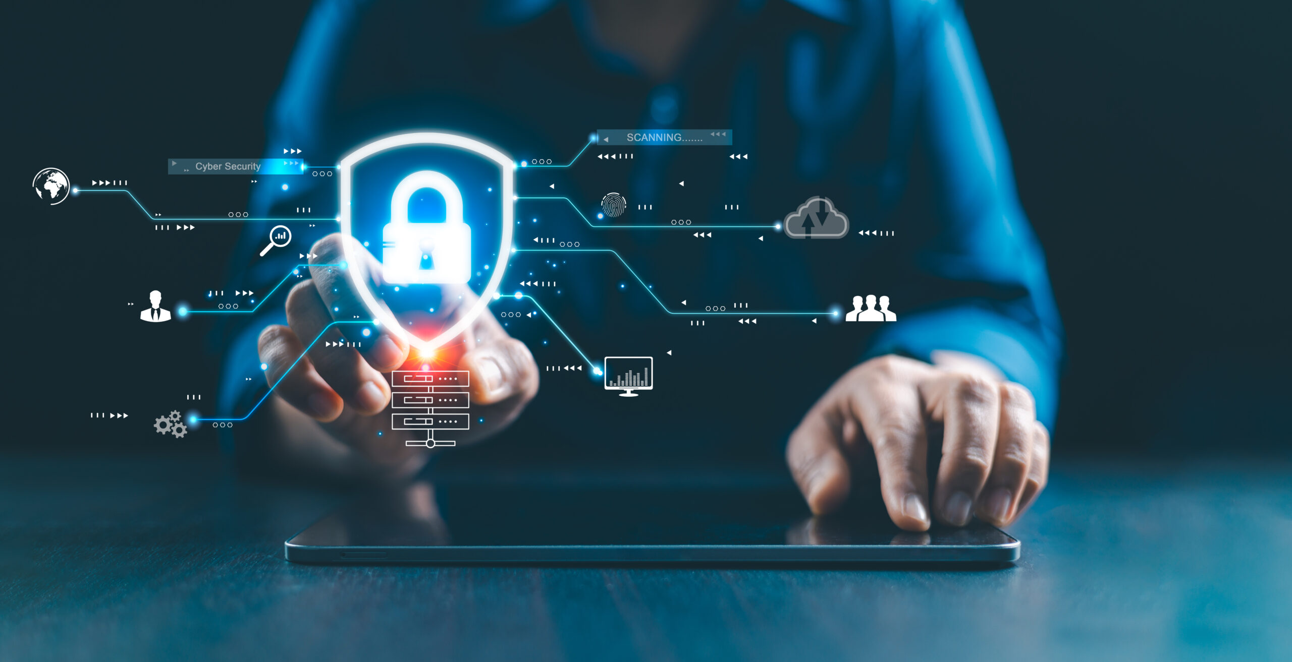 Cyber security network. Cybersecurity concept Global network security technology, business people protect personal information. Technology networking, cloud computing, data management, cybersecurity Cyber security network. Cybersecurity concept Global network security technology, business people protect personal information. Technology networking, cloud computing, data management, cybersecurity