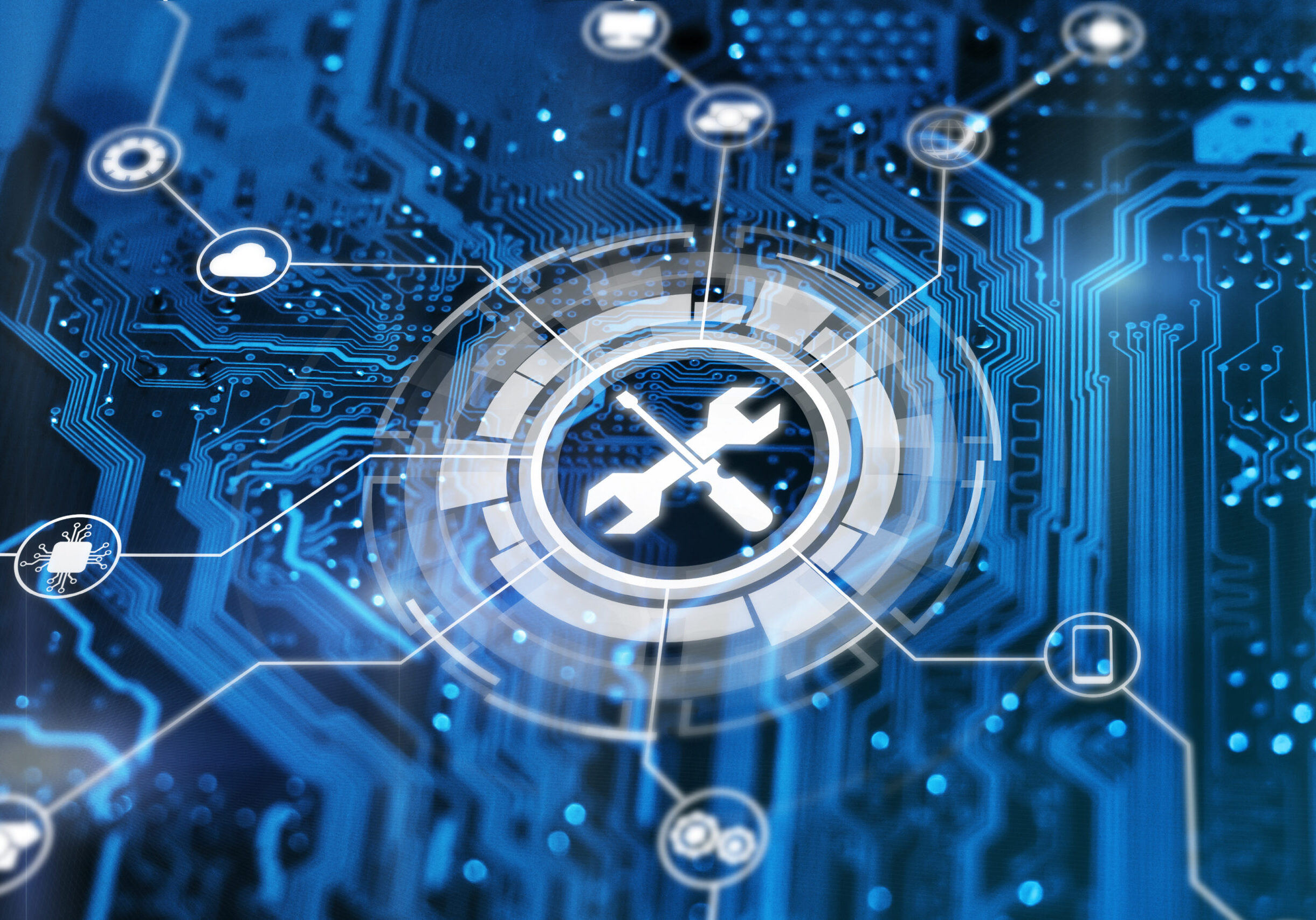 Technical support concept. Maintenance sign wrench and srewdriver tools. Tech issues fix service.